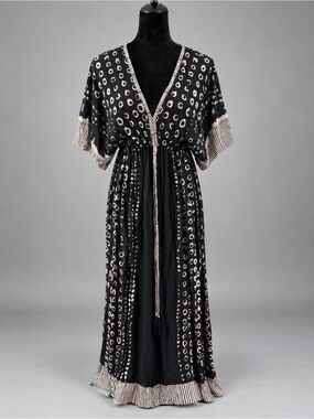 NWT World Market Black White Boho Maxi Dress S/M Rayon Kimono Tassel